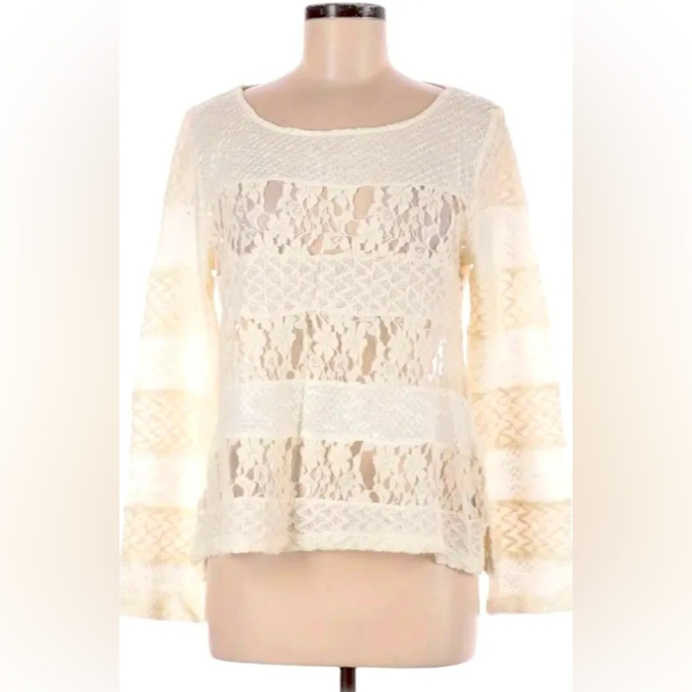 Anthropology Meadow Rue Cream Lacey Long Sleeved Top